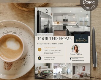 Open House Flyer Template, Realtor Marketing, Luxury Home Listing (Canva)