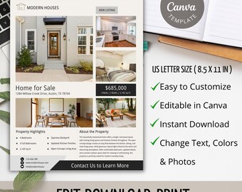 Real Estate Flyer Template, Canva Editable Realtor Marketing Sheet (Instant Download)