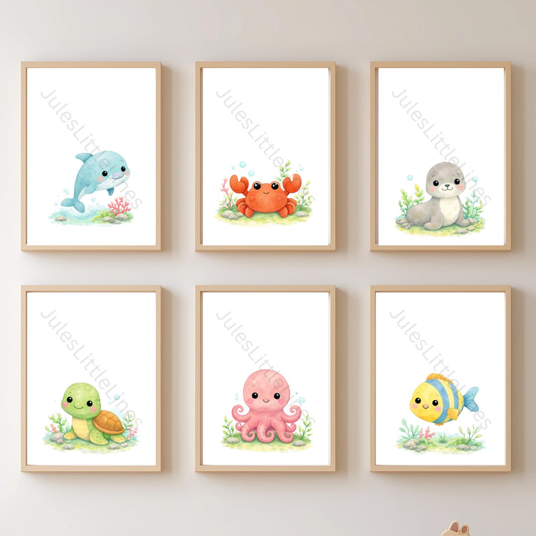Personalized Sea Animals Baby Poster Set | Dolphin, Turtle, Fish, Crab ...