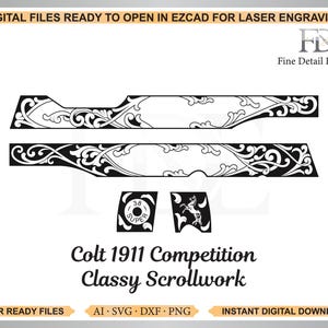 May include: Digital laser-ready files for Colt 1911 Competition, featuring classy scrollwork. The design includes two long, ornate panels, two smaller square elements, and the text "Colt 1911 Competition Classy Scrollwork".