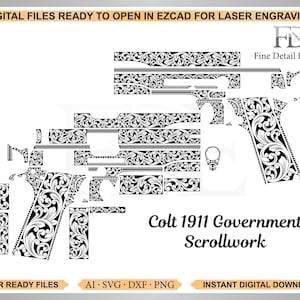 May include: Black and white digital file of a Colt 1911 Government pistol with scrollwork design, ready for laser engraving. The image includes the text "Colt 1911 Government Scrollwork" and "Digital Files Ready to Open in EZCAD for Laser Engraving."