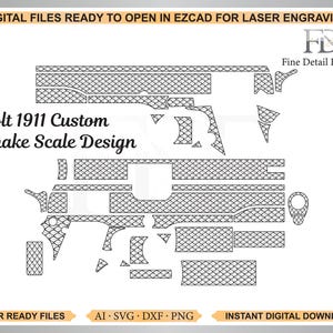 Op de afbeelding: Een digitale bestandsset voor lasergraveren met een aangepast slangenschubbenontwerp voor de Colt 1911. De zwart-witte lijntekening toont diverse componentpatronen met een schubbenmotief. Tekst: 'Colt 1911 Custom Snake Scale Design' en 'Fine Detail Engraving'.