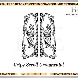 Può includere: File digitale in bianco e nero per incisione laser, con due cornici ornamentali simmetriche. Ogni cornice contiene una figura religiosa con un bastone. Il testo "Grips Scroll Ornamental" è sotto.