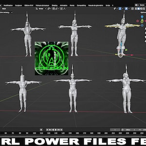 May include: A digital rendering of several female character models in various poses, displayed on a computer screen. The models are in a neutral color palette, with a spear-like object extending from their heads. The text "GIRL POWER FILES FBX" is at the bottom.