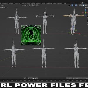 May include: A digital rendering of several female character models in various poses, with arms outstretched. The models are in a neutral gray color, with detailed textures. The image includes the text "GIRL POWER FILES FBX".