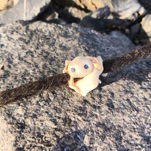 Könnte beinhalten: Eine kleine, cremefarbene Axolotl-Figur mit blauen Augen und rosa Kiemen ist an einem dunkelbraunen Strang befestigt. Das Axolotl liegt auf einer strukturierten, grau-braunen Felsfläche, die von Sonnenlicht beleuchtet wird.