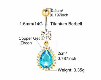 Piercing para ombligo con forma de lágrima y cristal, piercing para ombligo con piedra azul, joyería colgante para ombligo de oro