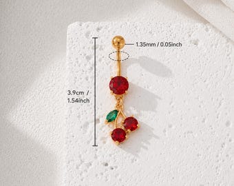 Piercing colgante para ombligo con forma de cereza, piercing de ombligo con cristal rojo de 14G, piercing de oro para el ombligo, linda joyería para el ombligo con forma de fruta.