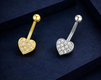 クリスタルハートのへそピアス – ゴールド＆シルバーのへそピアス – キラキラ輝くハート型のへそピアス