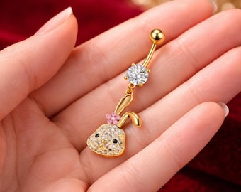 Gold Tone Bunny Dangle Belly Ring, Crystal Navel Piercing Jewelry