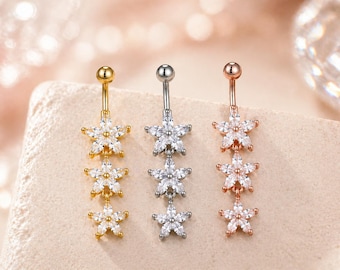 CZ Blumen Bauch Ring Baumeln, Gold Silber Rose Gold Nabelschmuck, Niedlicher Blumen Bauchnabelpiercing
