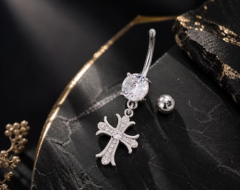 Delikatny kolczyk do pępka w kształcie krzyża z cyrkoniami, srebrny zwisający piercing do pępka, urocza minimalistyczna biżuteria do ciała