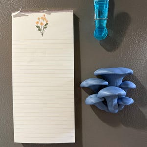 May include: A vertical rectangular notepad with horizontal lines and a small floral illustration at the top, a translucent light blue plastic clip, and a cluster of blue mushroom-shaped magnets attached to a gray metallic surface.