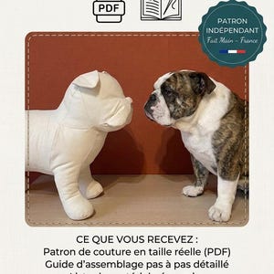 Puede incluir: Un patrón de costura PDF digital para un peluche de bulldog. La imagen muestra un bulldog de tela blanca junto a un bulldog atigrado real. El texto incluye PATRON PDF - TUTORIEL NUMÉRIQUE POUR COUDRE VOTRE BOULDOGUE, CE QUE VOUS RECEVEZ y detalles.