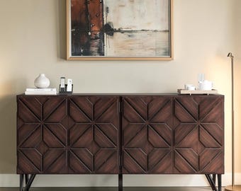 Solid Acacia Sideboard Buffet Carved Walnut Credenza Console