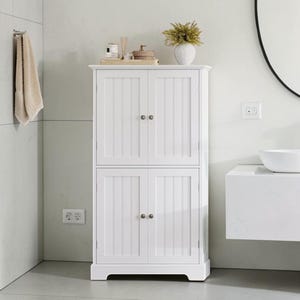 White Bathroom Floor Cabinet with Adjustable Shelves, Modern Storage Cupboard