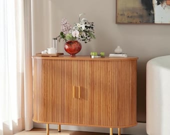 Fluted Sideboard Buffet Cabinet, Mid Century Coffee Bar Storage Console Walnut