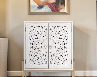 White Accent Cabinet Carved Doors Small Sideboard Storage Cabinet with Shelves