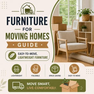 Puede incluir: Imagen promocional de muebles para mudanzas. La imagen presenta un sillón de color claro, cajas de cartón y una estantería. El texto incluye "Guía de muebles para mudanzas" y "Muebles ligeros y fáciles de mover."