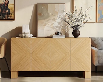 Natural Oak Chevron Sideboard Buffet Cabinet, Modern Credenza Storage Console for Kitchen Living Room