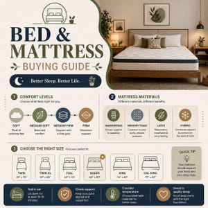May include: A comprehensive guide to buying a bed and mattress. The graphic features comfort levels, mattress materials, and size options. Includes a bed frame with a mattress, and icons for each category. The text reads "Better Sleep. Better Life."