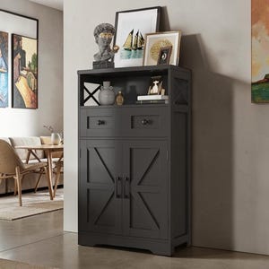 Black Farmhouse Storage Cabinet with Drawers, Pantry Cupboard & Shelves for Home