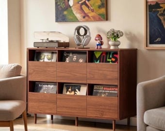 Mid Century Record Player Stand Vinyl Storage Cabinet Media Console Organizer