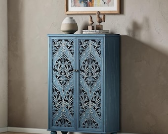 Boho Farmhouse Accent Cabinet Blue Carved Door Sideboard Tall Storage