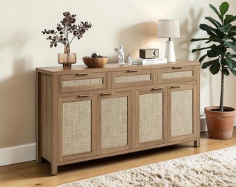 Rustic Rattan Sideboard Cabinet, Farmhouse Coffee Bar Credenza Storage Console