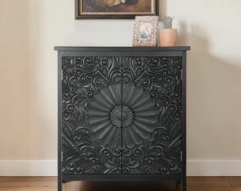 Black Accent Cabinet Small Sideboard Storage Entryway Modern Rustic Doors