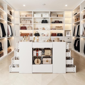 White Closet Island with 12 Drawers & Glass Top – Modern Wardrobe Storage Display Table