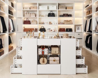 White Closet Island with 12 Drawers & Glass Top – Modern Wardrobe Storage Display Table
