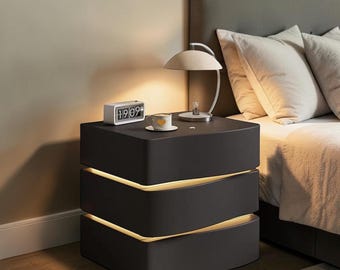 LED Nightstand Leather Bedside Table Modern Wood Storage