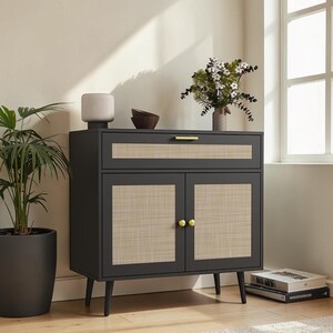 May include: A dark gray cabinet with a drawer and two doors, featuring woven cane panels. The cabinet has gold-colored hardware and sits on four angled legs. A potted plant and decorative items are on top.