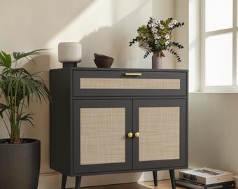 Rattan Sideboard Buffet Cabinet Boho Coffee Bar Storage with Drawer & Doors