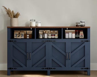 Blue Farmhouse Buffet Cabinet with Storage Shelves and Barn Door Console