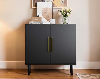 Black Sideboard Cabinet Gold Handle Modern Storage Credenza Accent Console