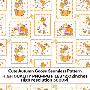 May include: A seamless pattern featuring white geese in autumn attire, including scarves, bonnets, and boots, alongside pumpkins, books, and falling leaves. The design is presented in rectangular frames with orange bows on a white background.