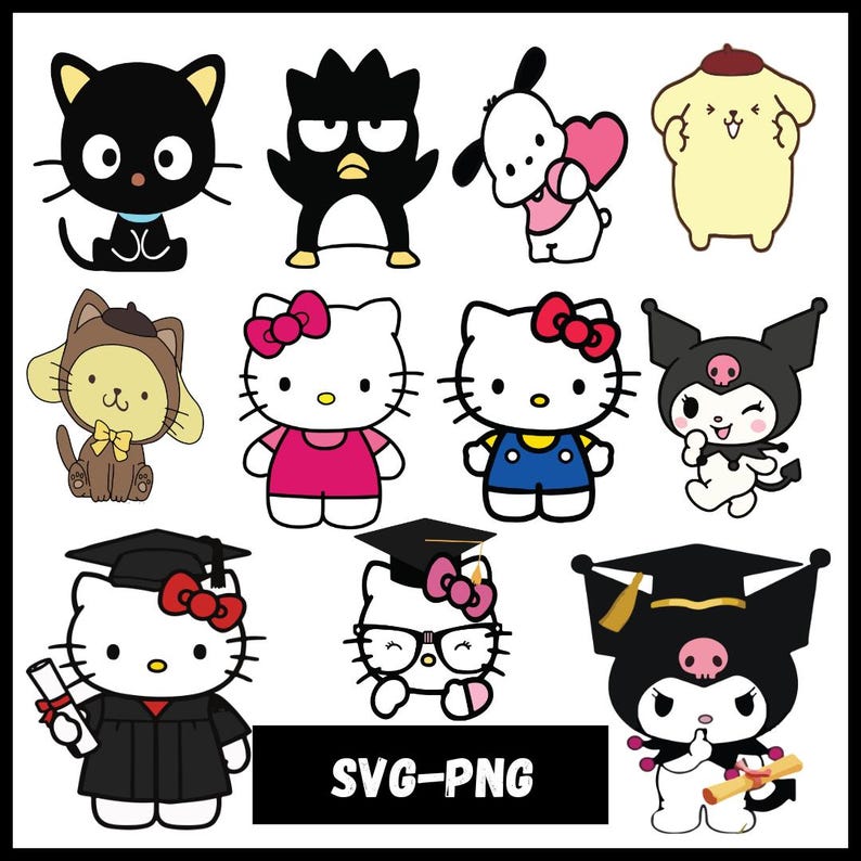May include: A selection of cartoon character illustrations, including a black cat, a penguin, a dog holding a heart, and a yellow character. Several Hello Kitty designs are featured, some wearing graduation caps. The text "SVG-PNG" is displayed.