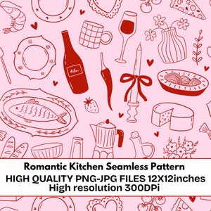 Könnte beinhalten: Ein nahtloses Muster mit roten Strichzeichnungen von Küchen- und Essutensilien auf hellrosa Hintergrund, darunter Weinflasche, Kerze, Fisch, Käse, Kaffeekanne und Blumen. Der Text lautet: Romantic Kitchen Seamless Pattern.