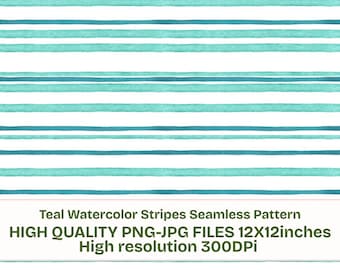 Teal Watercolor Stripes Seamless Pattern, Aqua Blue Hand Painted Horizontal Lines Digital Paper, Coastal Nautical Backdrop, 12x12 JPG PNG