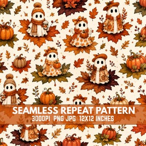 Peut inclure: Un motif répétitif sans couture représentant des fantômes de dessin animé portant des bonnets et écharpes d'automne, entourés de citrouilles orange et de feuilles brunes sur fond crème. Le texte SEAMLESS REPEAT PATTERN 300DPI PNG JPG 12X12 INCHES est superposé.