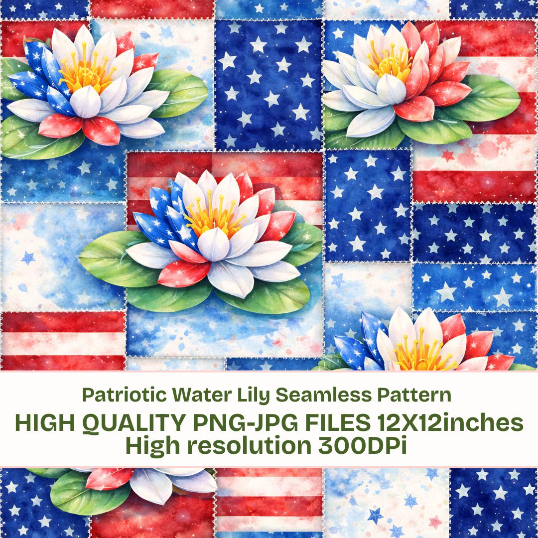Patriotic Water Lily Seamless Pattern PNG JPG, USA Flag Floral Digital ...