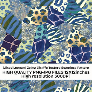 May include: A seamless pattern featuring a patchwork design with mixed animal prints. The design includes leopard, zebra, and giraffe textures in shades of blue, gold, and white. The image text reads: "Mixed Leopard Zebra Giraffe Texture Seamless Pattern HIGH QUALITY PNG-JPG FILES 12X12inches High resolution 300DPi."