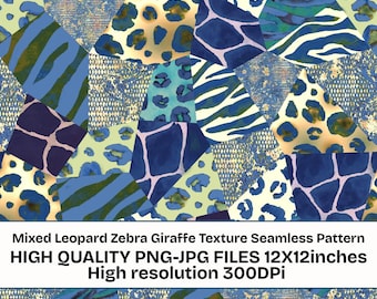 Blue Gold Animal Print Patchwork Seamless Pattern, Mixed Leopard Zebra Giraffe Texture Digital Paper, Exotic Safari Collage Background