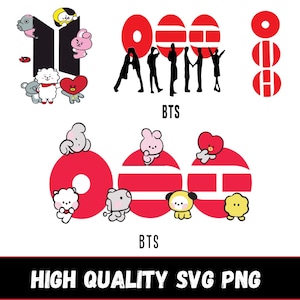 May include: A white background with multiple BTS-themed graphics. The top graphic includes the BTS logo and cartoon characters. The second graphic spells "ARMY" in silhouette with the word "BTS" below. The bottom graphic has the word "BTS" and cartoon characters.