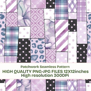 Puede incluir: Un patrón de patchwork sin costuras en tonos morado, blanco y negro. El diseño presenta varias formas geométricas, elementos florales y estampados de animales. El texto en la parte inferior dice "HIGH QUALITY PNG-JPG FILES 12X12inches High resolution 300DPI".