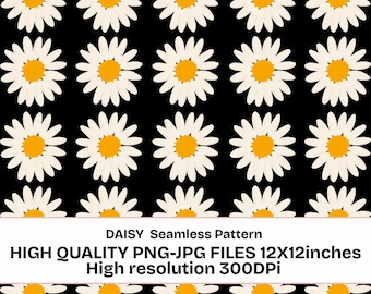 Daisy Seamless Pattern PNG JPG, Cute Floral Digital Paper, Black Background Flower Repeat Design, 12x12 Inch Seamless Pattern