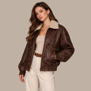 Women Brown Leather Jacket with Sherpa Collar | Vintage Aviator Bomber Jacket | Warm Winter Coat | Stylish Casual Outerwear