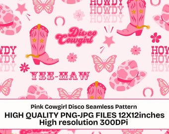Pink Cowgirl Disco Seamless Pattern PNG JPG, Western Girly Digital Paper, Howdy Cowgirl Boots Repeat Pattern, 12x12 Inch Seamless Background